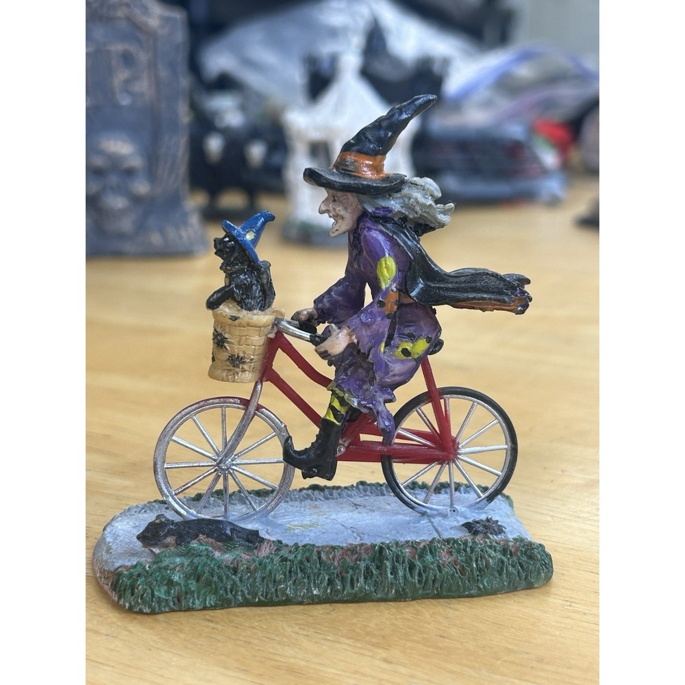 Halloween Witch Figurine Bike Black Cat Cemetery Decor Statue Spooky Horror Prop